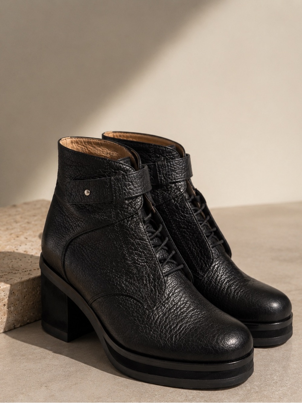 Purified Black Pebbled Leather Platform Ankle Boots Block Heel Lace Up EU 38